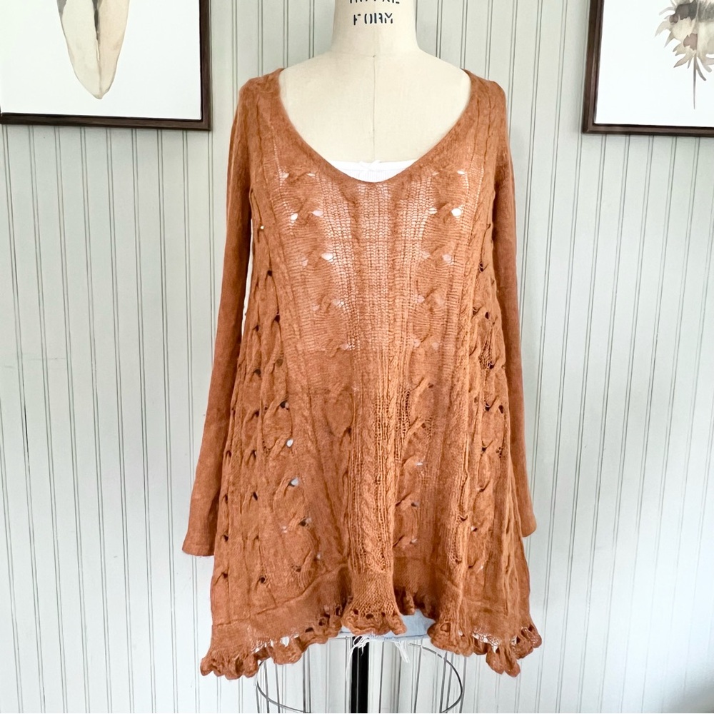Free People Found My Friend Open Knit Waterfall Sweater Honey Rust - Picture 10 of 10
